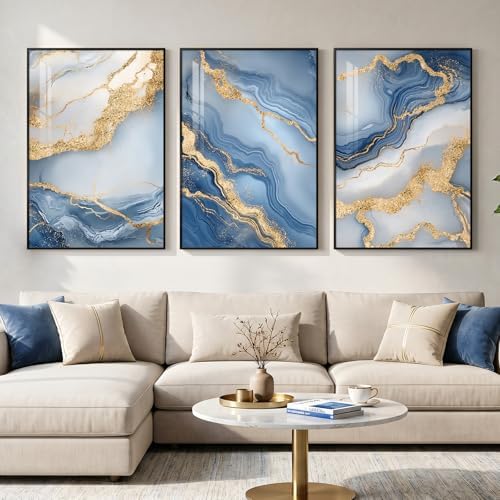 Large Framed Blue Gold White Abstract Wall Art by Cuspin