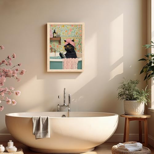 ICHZUMW Framed Funny Black Cat in Bathtub Canvas Bathroom Wall Art 16x24 In - Image 2