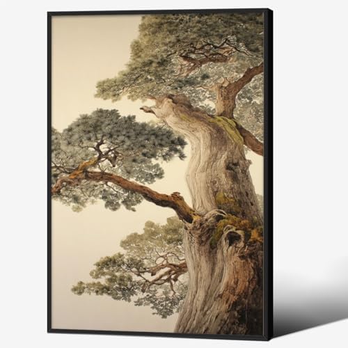 Vintage Japanese Pine Tree Black Framed Wall Art Oriental Asian Tree Canvas by Unknown