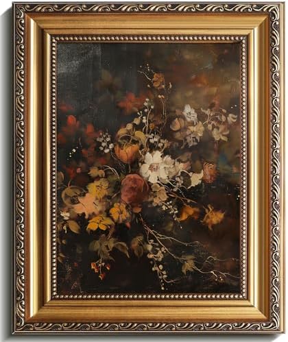 uniro Vintage Gold Framed Wall Art, Moody Dark Autumn Floral Wall Art Prints by uniro