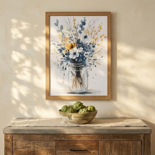 REWBKFIM Navy Blue Floral Canvas Wall Art Watercolor Botanical Bouquet in Mason - Image 4