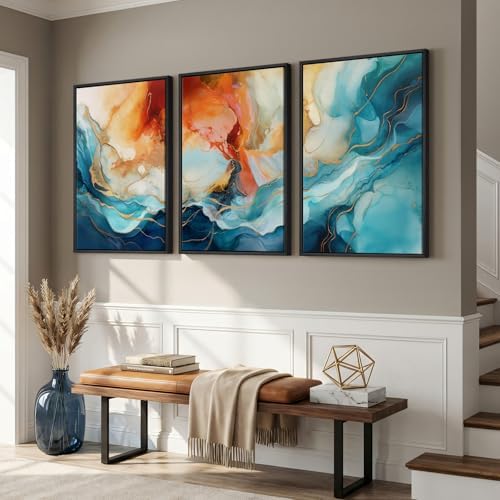 Large Framed Blue Orange Abstract Wall Art - Image 4