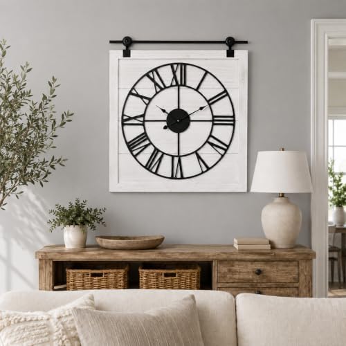 Farmhouse Barn Door Wall Clock 30 Inch, Silent Decorative Clock by EMAXHOME
