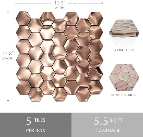 Hexagon 3D Wall Panels Bathroom Backsplash Tile Copper Metal Wall Mosaic Tiles - Image 2