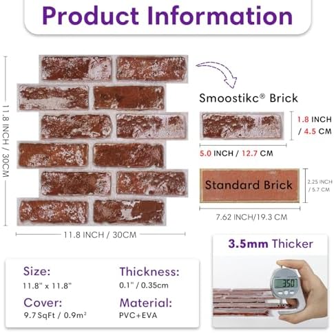 3D Peel and Stick Faux Brick Wall Panels 11.8" x 11.8" 10-Pack - Image 3