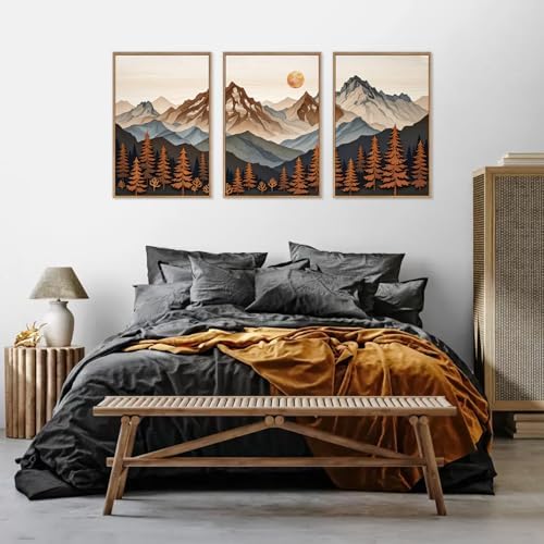HLNIUC Large Boho Mountain Framed Canvas Wall Art Set, Woodcut Style Mountain - Image 5