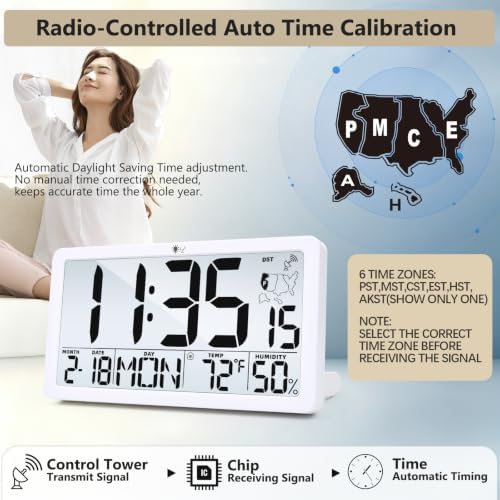Atomic Digital Wall Clock, Large 9.72" LCD Alarm Clock - Image 3