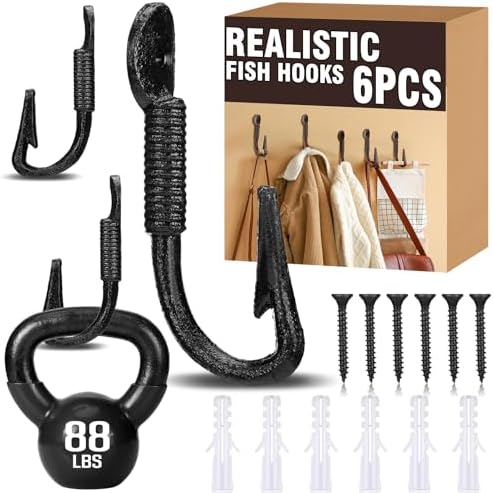 Duraaamo 6 Pcs Realistic Fish Hooks Cast Iron Wall Hook Rustic Wall Hanger by Duraaamo