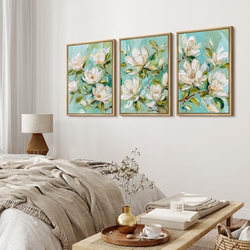 MUDECOR Framed Canvas Print Wall Art Abstract Magnolia Flower Teal Green - Image 3