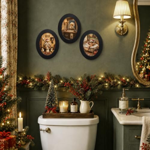 3Pcs Funny Gingerbread Christmas Bathroom Oval Wall Art Framed Decor - Image 5