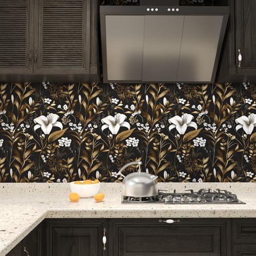 Laatse Vintage Dark Black Golden Floral Peel and Stick Wallpaper 17.5"x787" - Image 4
