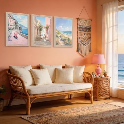 Pink Coastal Landscape Canvas Wall Art 3Pcs Framed Home Decor 12X16 Inch - Image 7