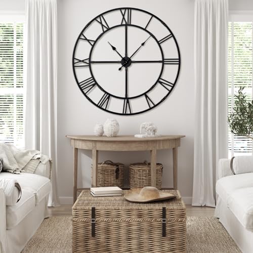 48 Inch Large Silent Wall Clock, Easy Assembly Roman Numeral Black - Image 3