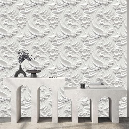 Peel and Stick Wallpaper White Gray Scroll Floral Modern - Image 3
