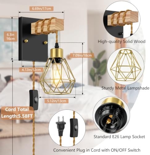 Lomoky Rustic Plug in Wall Sconces Set of 2, Vintage Wall Light Fixtures - Image 2