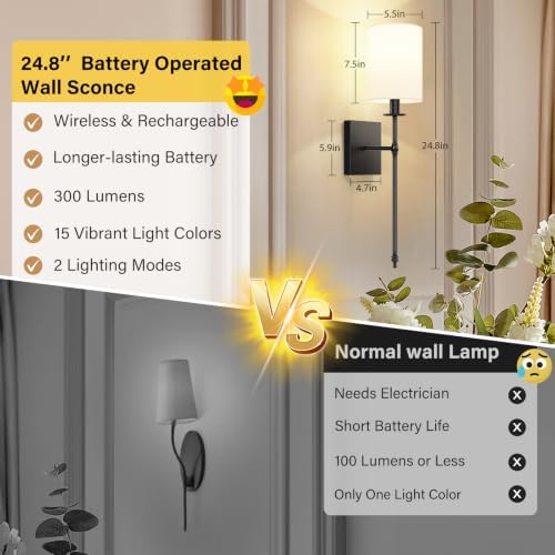 Battery Operated Wall Sconces Set of 2, Rechargeable Sconces - Image 2
