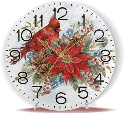 Christmas Poinsettia Flower and Winter Bird Red Cardinal Wall Clock Battery - Image 6