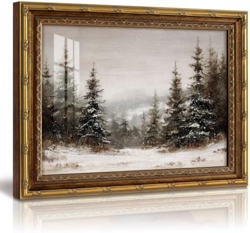InSimSea Gold Framed Snowy Forest Wall Art, Winter Canvas Painting, 13x16 In by InSimSeaArt