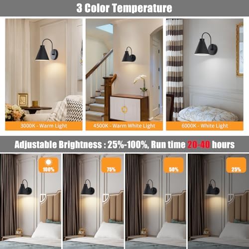 Powfloven Vintage Rechargeable Wall Sconces Set of 2, Wireless Gooseneck Indoor - Image 3