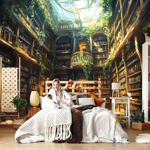Warm Brown Green Decorative Wall Mural Wallpaper Lush Library Books Fantasy - Image 3