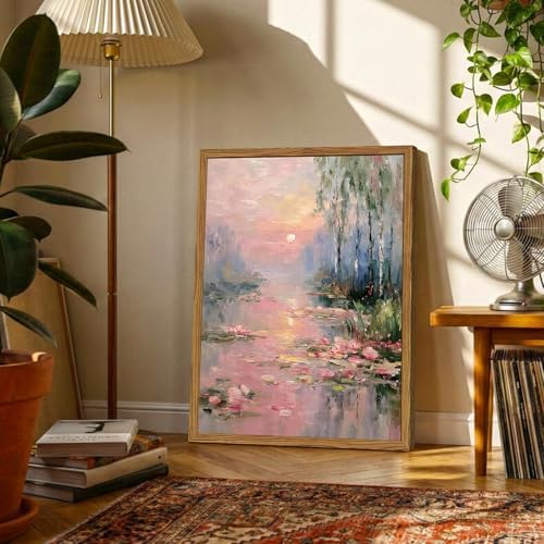 Framed Vintage Monet Canvas Wall Art, Impressionist Sunset Landscape Paintings - Image 4