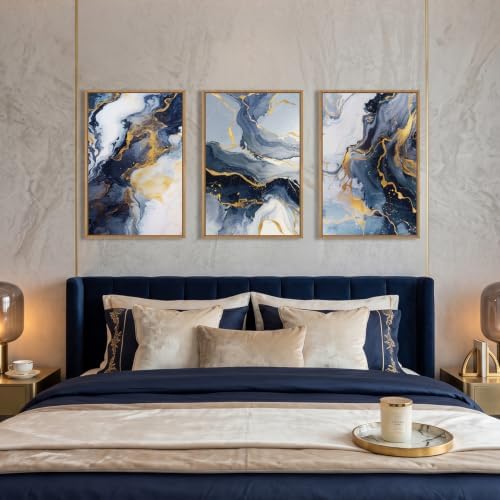 Abstract Navy Blue and Gold Framed Canvas Wall Art Set-16"x24"x3 - Image 4