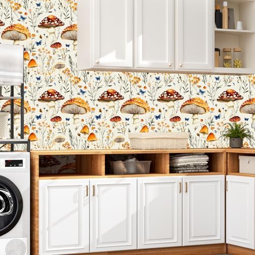 BOKEBEVE Mushoroom Wallpaper Peel and Stick Boho Beige Yellow 17.5 x 118In - Image 2