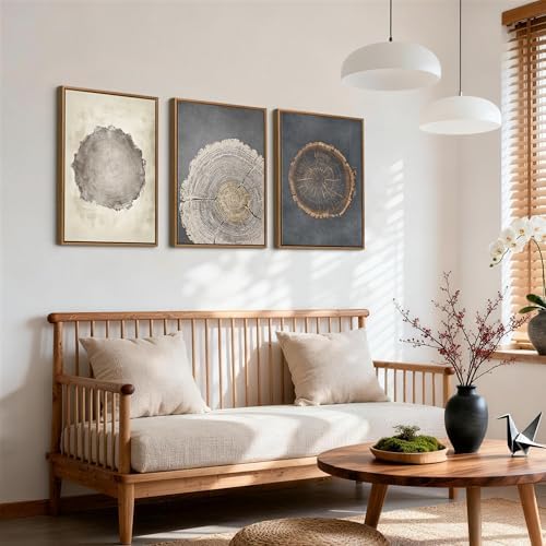 3Pcs Neutral Tree Ring Framed Canvas Wall Art Beige Gray Paintings 12"x16" - Image 5
