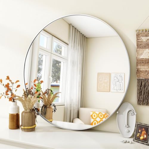 VooBang Silver Round Bathroom Mirror 24", Thin Metal Frame Wall Mirror - Image 4