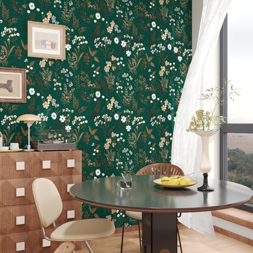 Laatse Vintage Dark Green Gold Floral Peel and Stick Wallpaper 17.5"x118" - Image 3