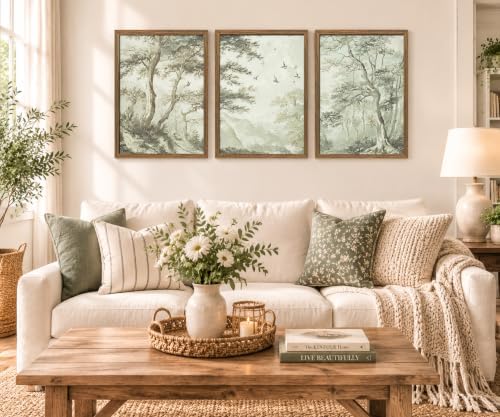 Botanical Forest Wall Art Set of 3 Framed, Vintage Neutral Canvas Prints - Image 2