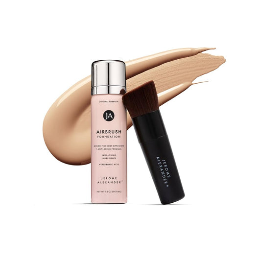 MagicMinerals AirBrush Foundation by Jerome Alexander – 2pc Set with Airbrush Foundation and Kabuki Brush - Spray Makeup with Anti-aging Ingredients for Smooth Radiant Skin - Warm Medium