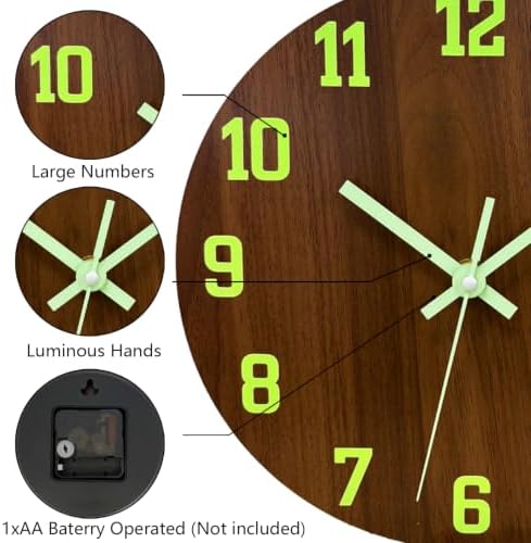 Glow in The Dark Wall Clock, 10 Inch Wooden Modern Wall Clocks - Image 4