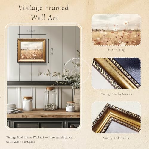 uniro Vintage Gold Framed Wall Art, Vintage Spring Floral Canvas Art Prints - Image 3