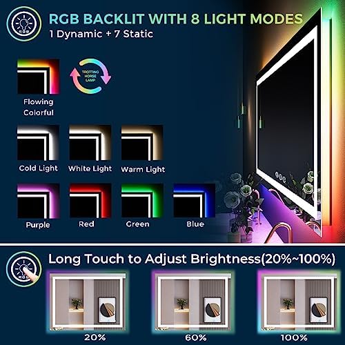 40x30 LED Bathroom Mirror with Lights, RGB Backlit Lighted Mirror - Image 3