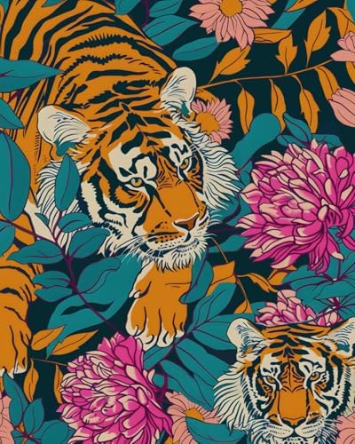 BOKEBEVE Tiger Floral Wallpaper Peel n Stick Vintage Orange 17.5 x 393.5In by BOKEBEVE