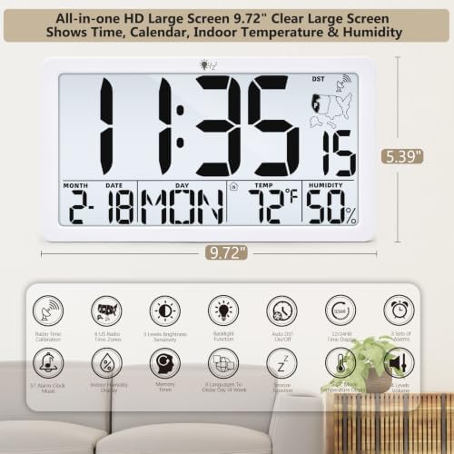Atomic Digital Wall Clock, Large 9.72" LCD Alarm Clock - Image 5
