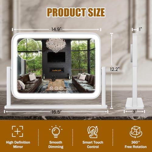 Vanity Mirror with Lights, 16.5"×12.2" LED Makeup Mirror, Rounded Frame - Image 2