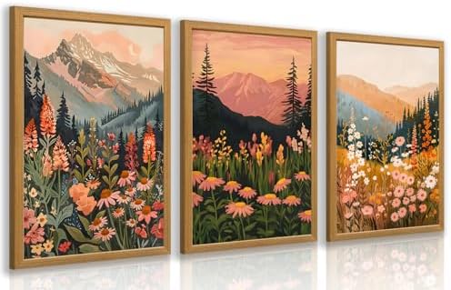 IAFWZX Wood Framed Boho Mountain Wildflower Wall Art Set of 3, 12x16 in by Unknown
