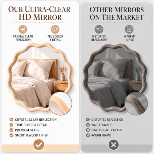 Furnaza 30" Round Wall Mirror, Wooden Boho Wavy Mirror - Image 4