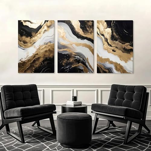 EJPFOGV Triptych Black White Gold Wrapped Canvas Wall Art 20x30 inches x3 - Image 2