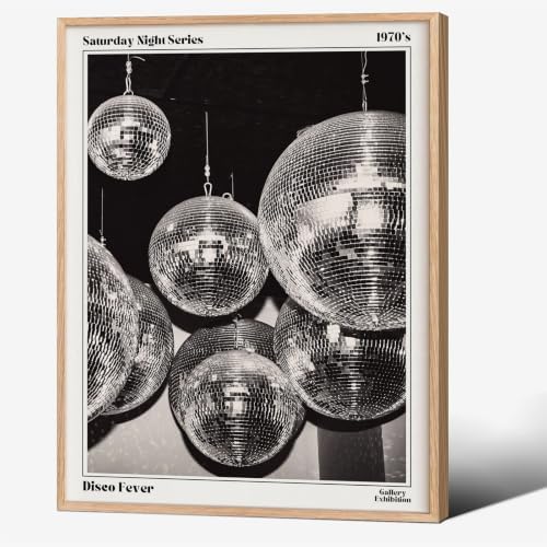 70s Disco Ball Wall Art 16x20in Wood Grain Frame Vintage Black and White by Unknown