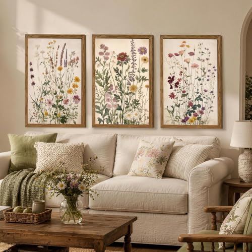 WRFON Botanical and Flower Canvas Wall Art, Framed Wildflower Wall Art Set of 3 - Image 4