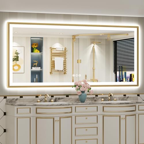 84x40 Gold Beveled LED Lighted Bathroom Mirror, Backlit & Front Lit by Awandee