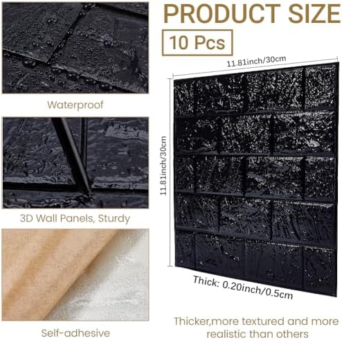 CRASPIRE 10Pcs 3D Faux Stone Peel and Stick Wall Black Tile Panels 11.8x11.8in - Image 2