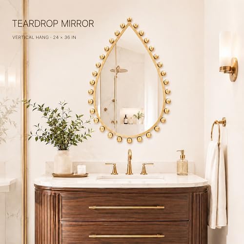 24x36 inch Teardrop Wall Mirror, Antique Gold Beaded Ball Frame - Image 2