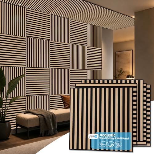 Art3d 6-Pack Acoustic Wood Slat Panel & Ceiling Tile, 2 x 2 ft, Natural Oak by Art3d