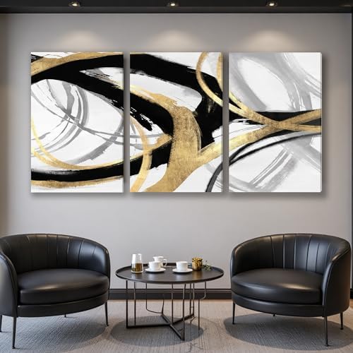 DUWQU Triptych Black Gold White abstract Lines Canvas Wall Art 24x36 in x3 - Image 6