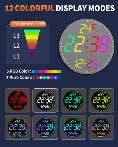 12" Large Digital Wall Mount Clock, 12 RGB Color, Fabric Elements - Image 7