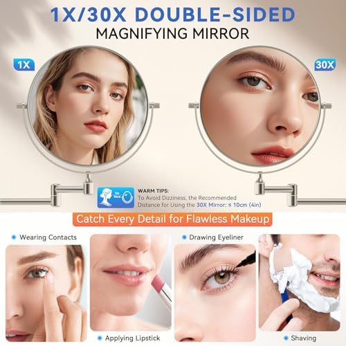 Auxmir 8" Double-Sided Wall-Mounted Makeup Mirror, 1X/30X Magnifying Mirror - Image 2